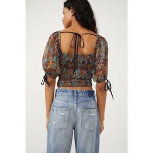 Free People Smocked Puff Sleeve Floral Boho Top Women’s L Festival Cottagecore